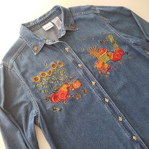 Bobby Brooks Size L Fall Embroidered Denim Button Down Shirt Chickens Sunflowers